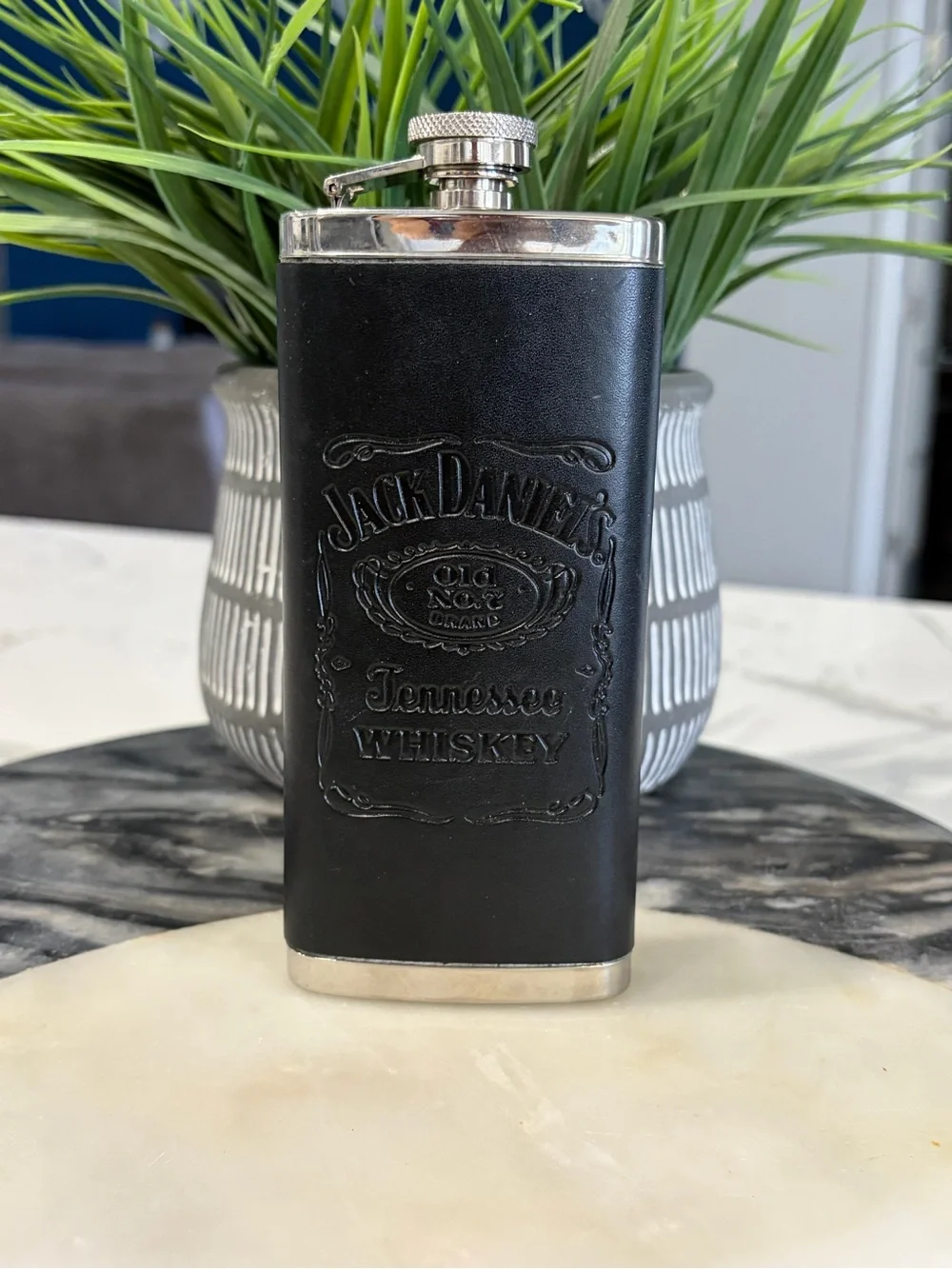 Jack Daniels Black and Silver Embossed Leather Flask